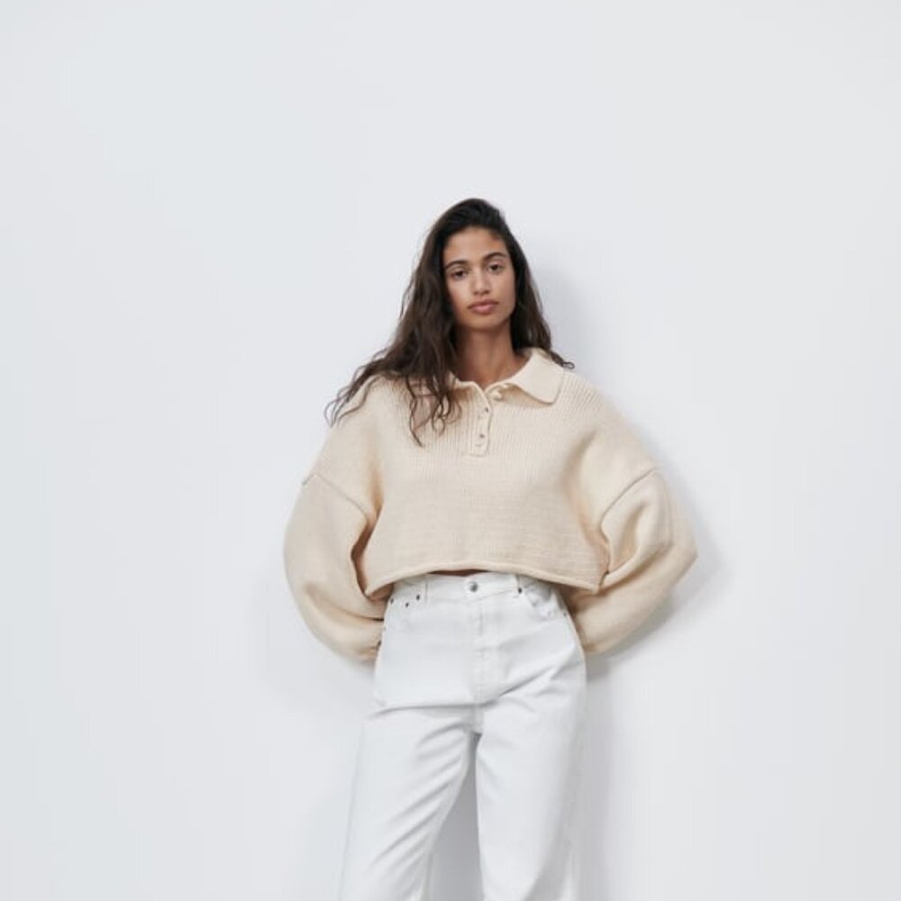 Zara, S, worn once, CROPPED KNIT SWEATER, Cream, 0/4331/030/733/02